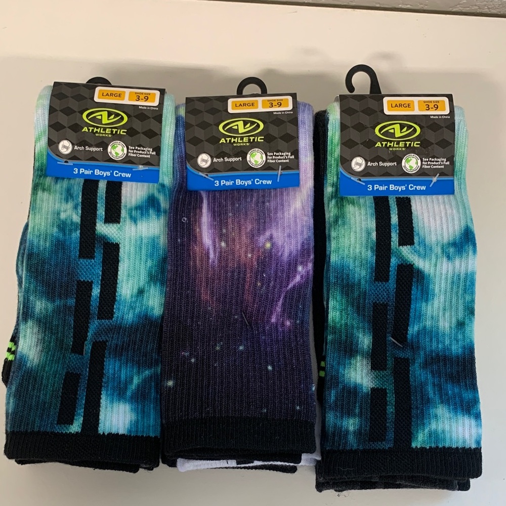 Athletic Works Boys' Crew Socks - Teal Tie-Dye & Purple Galaxy - 3 Pair